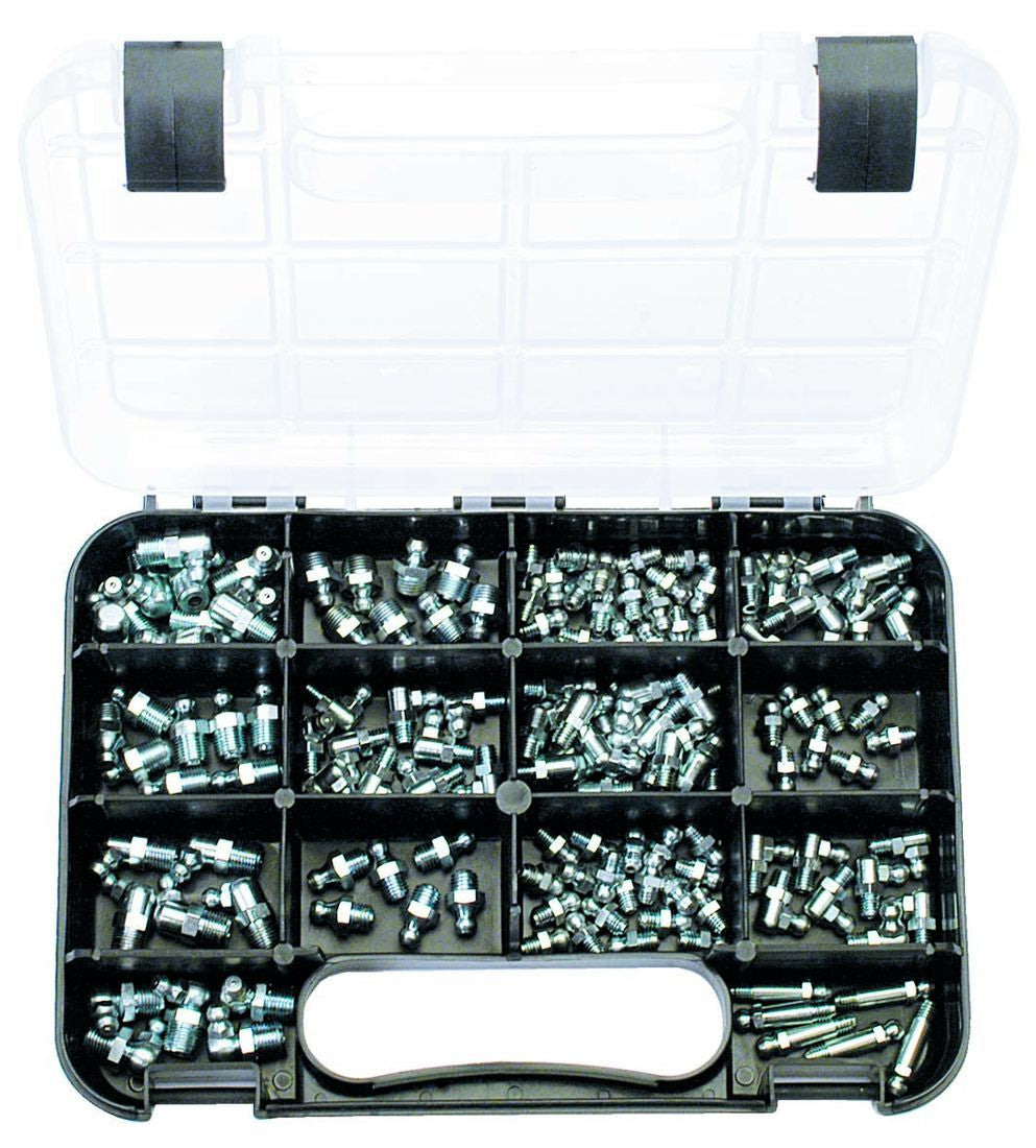 GREASE NIPPLES: 14 sizes, M6 to M8, UNF 1/4″, BSF 1/4″, NPT 1/8″, GAS 1/8″ Straight, 450, 670, 900, Zinc Passivated, 144 piece