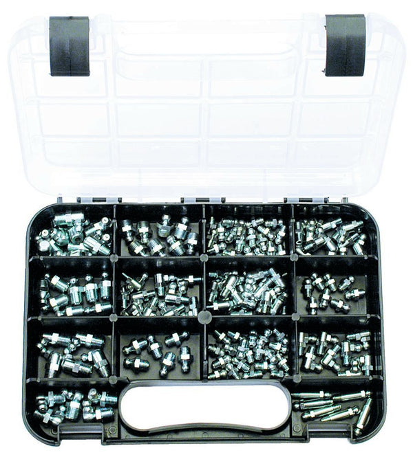GREASE NIPPLES: 14 sizes, M6 to M8, UNF 1/4″, BSF 1/4″, NPT 1/8″, GAS 1/8″ Straight, 450, 670, 900, Zinc Passivated, 144 piece