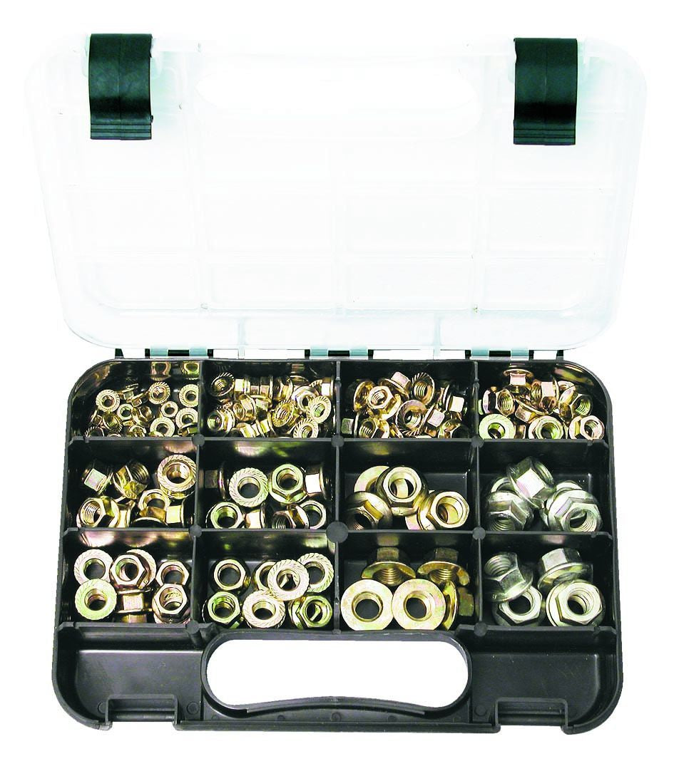 METRIC FLANGE NUTS: 7 sizes, M12 x 1.25, M12 x 1.75, M10 x 1.25, M10 x 1.5, M8 x 1.25, M6 x 1.00, M5 x 0.8 Zinc Passivated, 160 piece