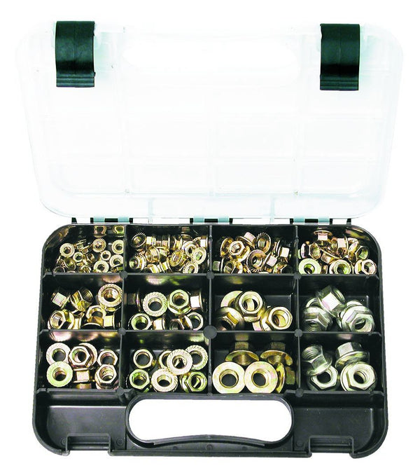 METRIC FLANGE NUTS: 7 sizes, M12 x 1.25, M12 x 1.75, M10 x 1.25, M10 x 1.5, M8 x 1.25, M6 x 1.00, M5 x 0.8 Zinc Passivated, 160 piece