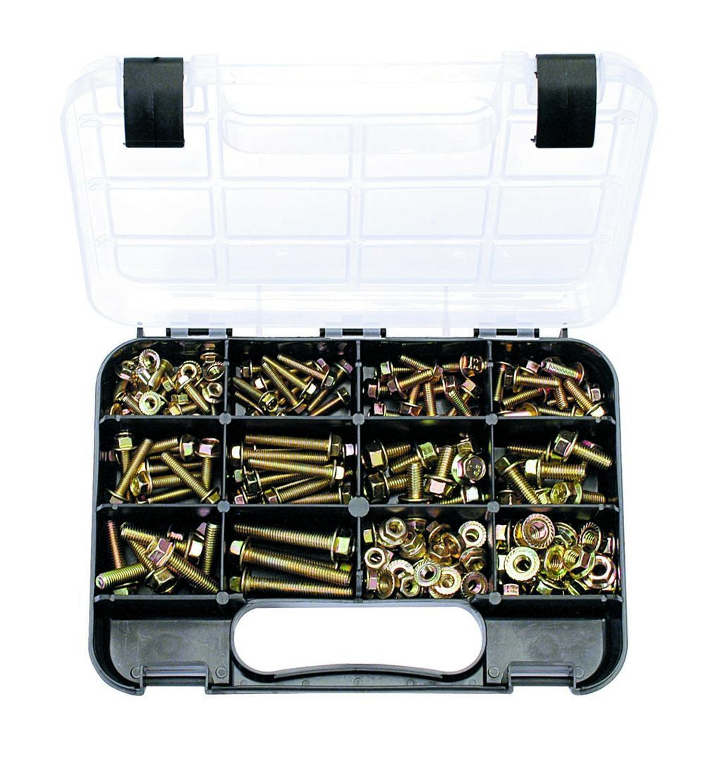 METRIC FLANGE BOLTS and NUTS: 10 sizes, 5mm to 8mm Dia. High tensile 8.8, Lengths 16mm-50mm Zinc Passivated, 178 piece