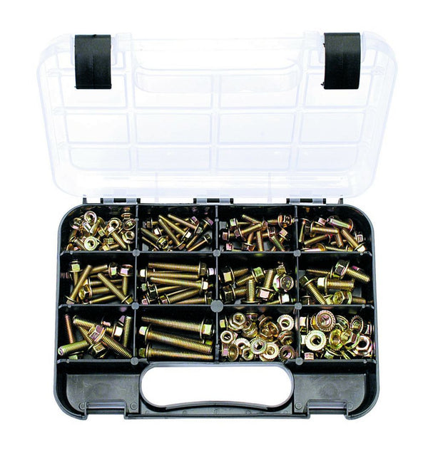 METRIC FLANGE BOLTS and NUTS: 10 sizes, 5mm to 8mm Dia. High tensile 8.8, Lengths 16mm-50mm Zinc Passivated, 178 piece