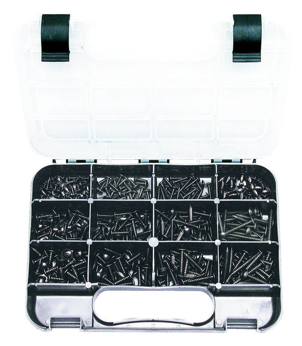 SELF-TAPPING SCREWS MUSHROOM HD: 12 sizes, 6G to 10G Dia, Lengths: 3/8″-1 1/2″ MUSHROOM HEAD PHILLIPS, Black Zinc, 370 pieces