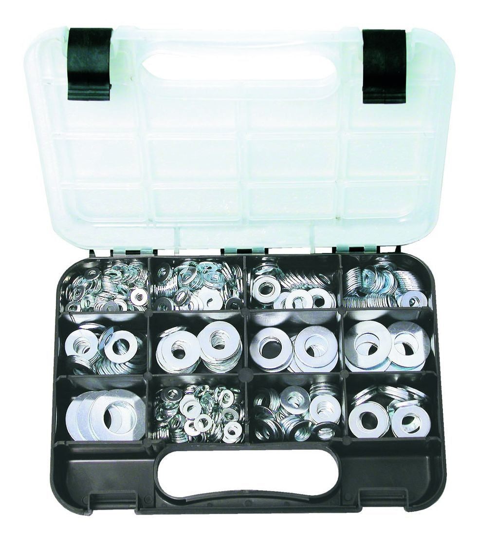 FLAT WASHERS: 13 sizes Metric: 6mm-20mm ID, Imperial: 3/16″ to 3/4″ ID, Zinc plated steel, 740 piece