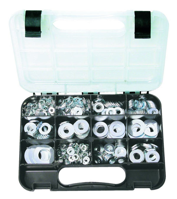 FLAT WASHERS: 13 sizes Metric: 6mm-20mm ID, Imperial: 3/16″ to 3/4″ ID, Zinc plated steel, 740 piece