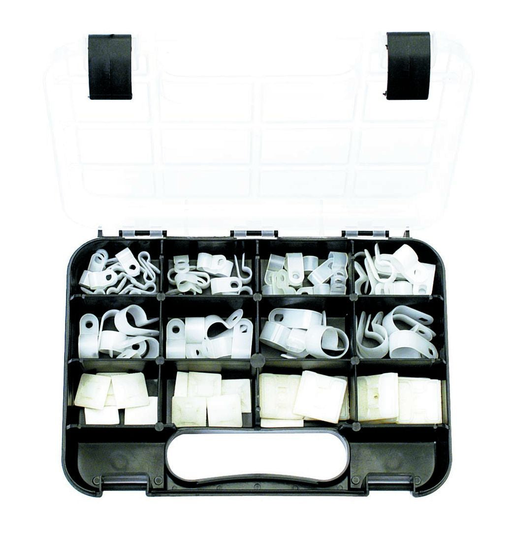 NYLON CABLE CLAMPS: 8 sizes, suits cable size 1.8mm to 15.8mm Dia, 80 piece