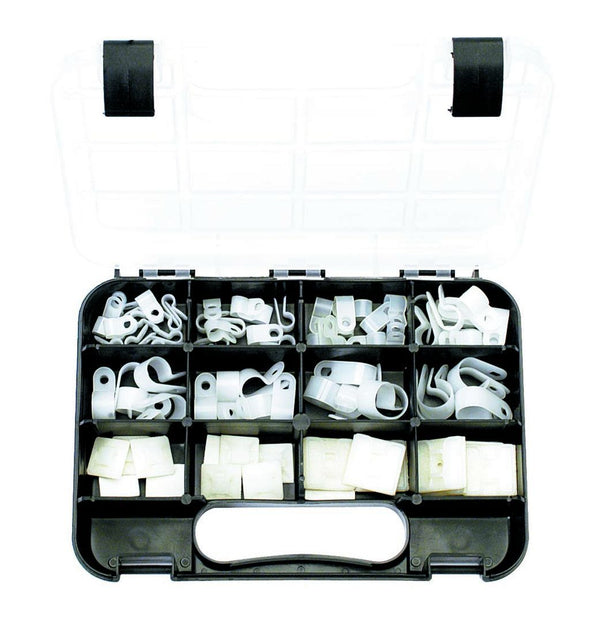 NYLON CABLE CLAMPS: 8 sizes, suits cable size 1.8mm to 15.8mm Dia, 80 piece