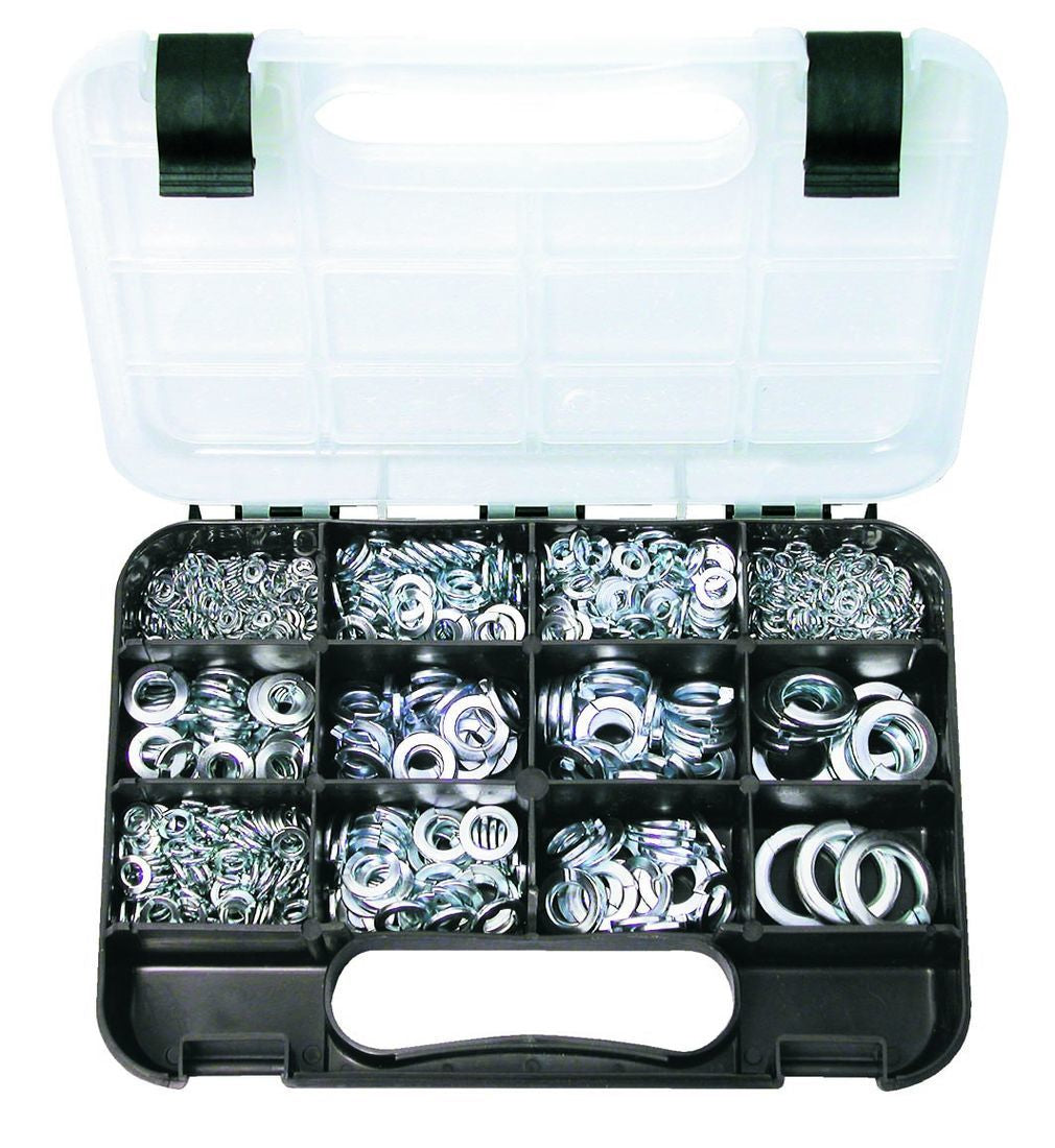 SPRING WASHERS: 12 sizes, Imperial: 5/32″ to 5/8″ ID, Metric: 6mm to 12mm ID, Zinc plated steel, 933 piece