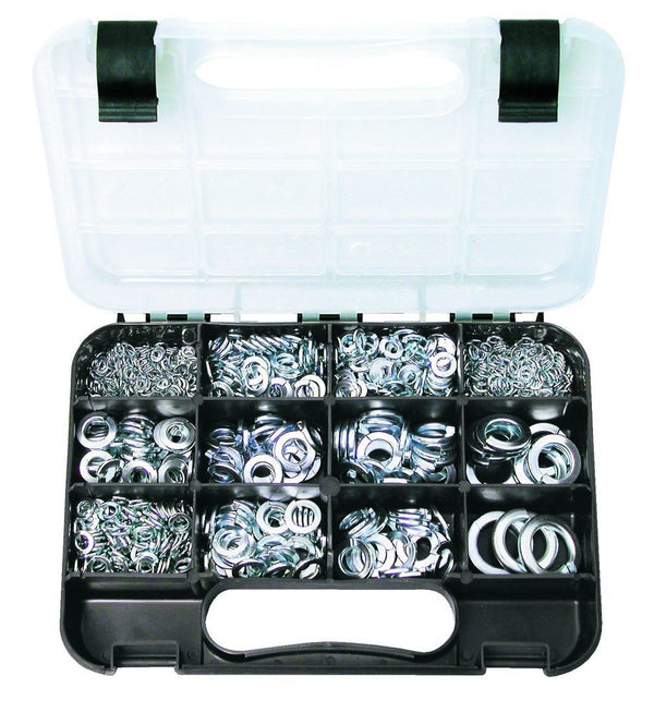 SPRING WASHERS: 12 sizes, Imperial: 5/32″ to 5/8″ ID, Metric: 6mm to 12mm ID, Zinc plated steel, 933 piece